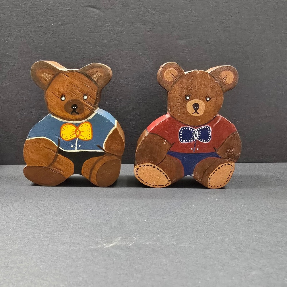 Hand Painted Wooden Teddy Bear Figurines Set of 2‎ Cute Decor 3.5inch tall